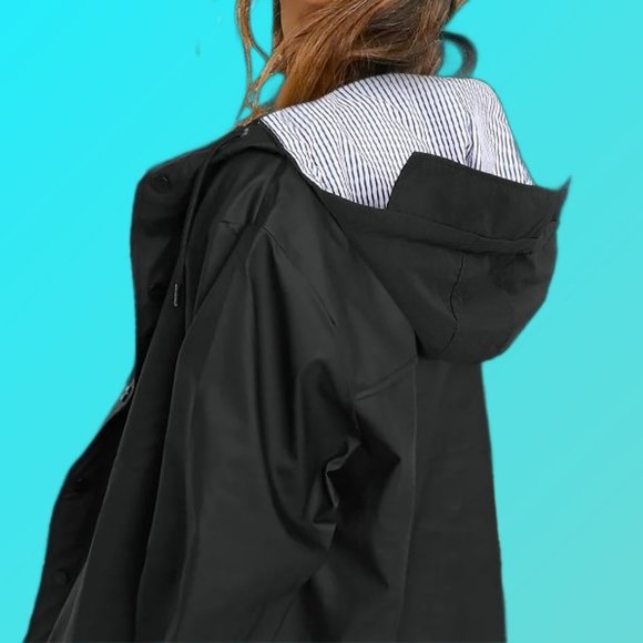 Black Trench Coat Rain Jacket Zipper Snap Buttons Removable Hood Size M NEW - Picture 3 of 8